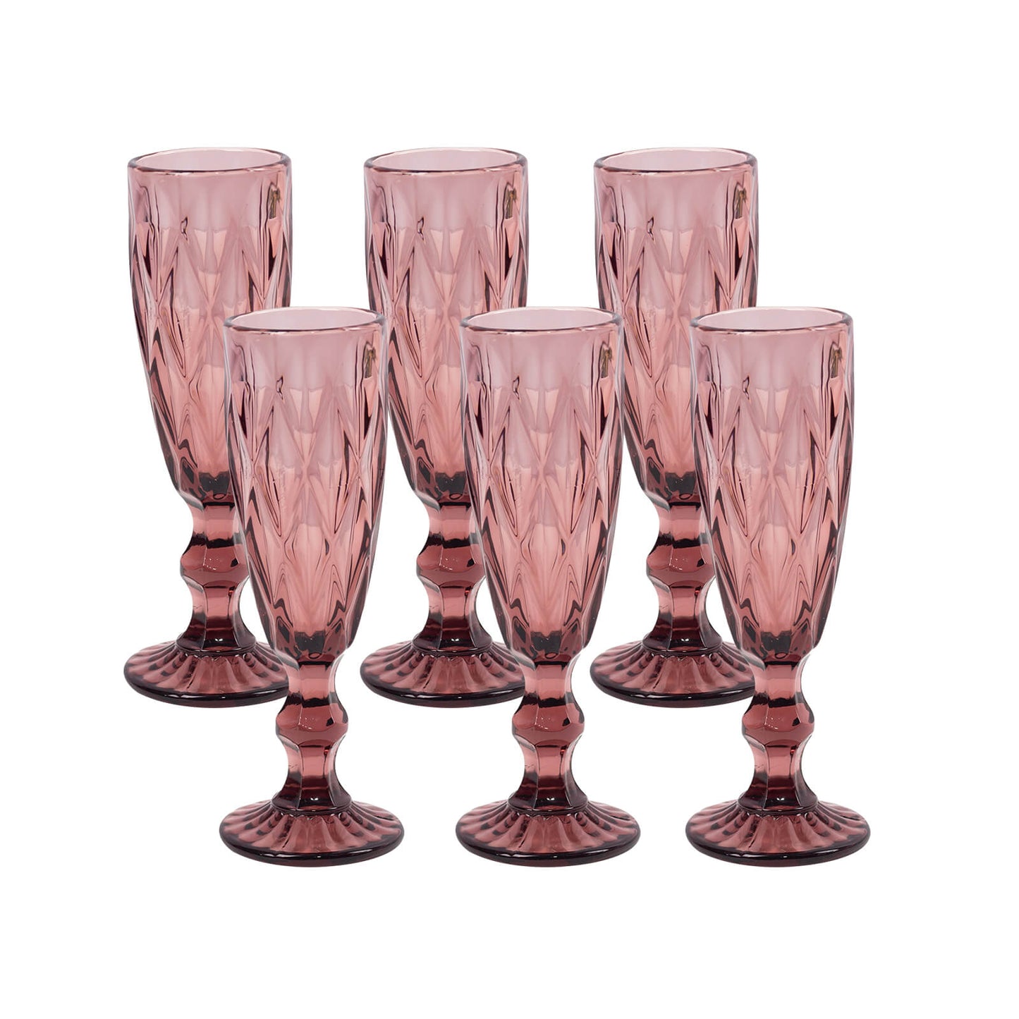 6 Pack Dusty Rose Crystal Cut Wine Goblet Toast Glasses, 6oz Transparent Textured Champagne Flute Glasses - 8"