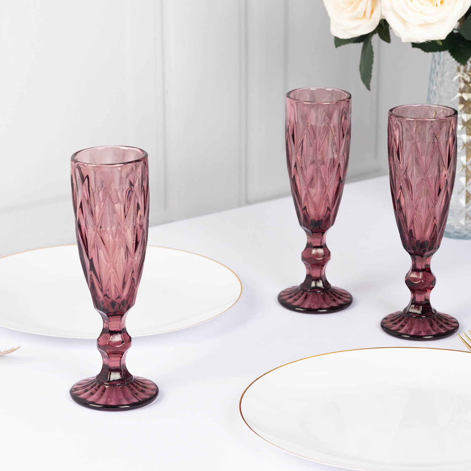 6 Pack Dusty Rose Crystal Cut Wine Goblet Toast Glasses, 6oz Transparent Textured Champagne Flute Glasses - 8"