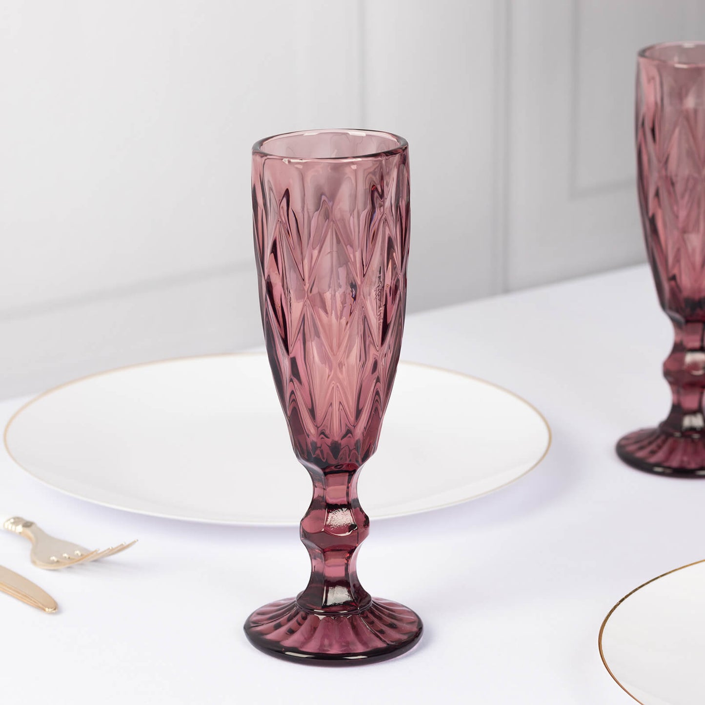 6 Pack Dusty Rose Crystal Cut Wine Goblet Toast Glasses, 6oz Transparent Textured Champagne Flute Glasses - 8"