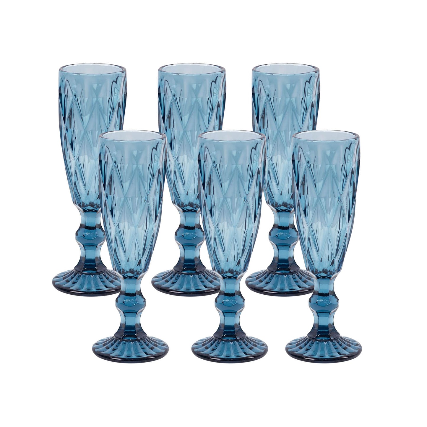 6 Pack Ocean Blue Crystal Cut Wine Goblet Toast Glasses, 6oz Transparent Textured Champagne Flute Glasses - 8"