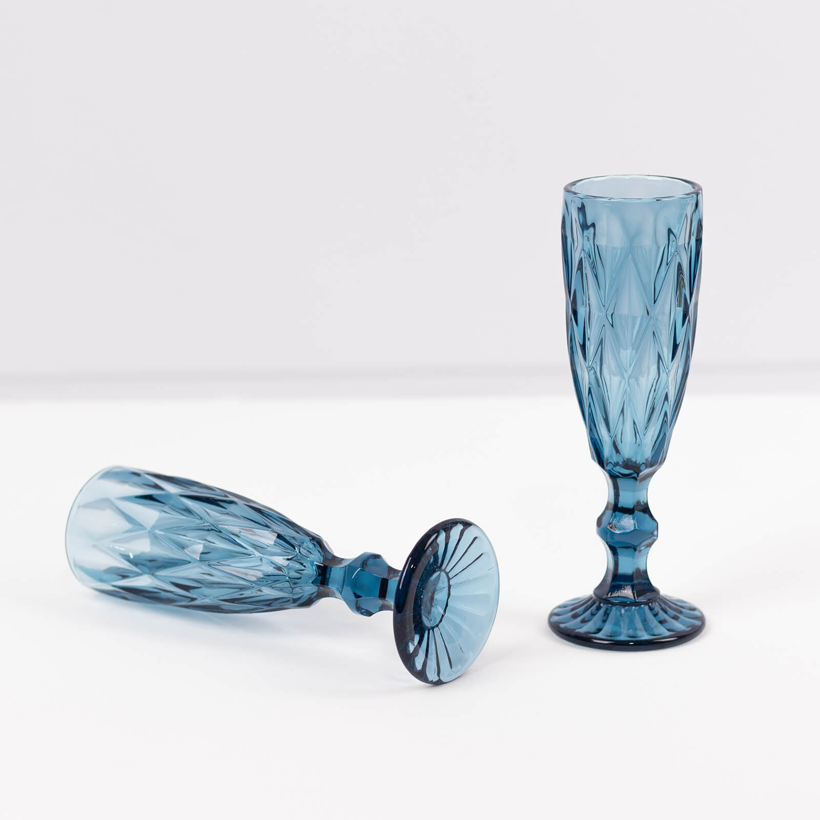 6 Pack Ocean Blue Crystal Cut Wine Goblet Toast Glasses, 6oz Transparent Textured Champagne Flute Glasses - 8"