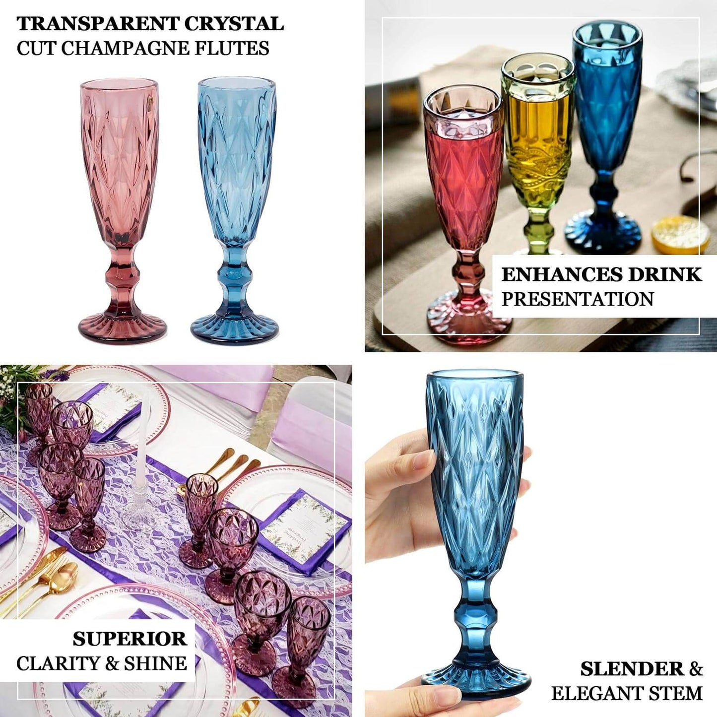 6 Pack Ocean Blue Crystal Cut Wine Goblet Toast Glasses, 6oz Transparent Textured Champagne Flute Glasses - 8"