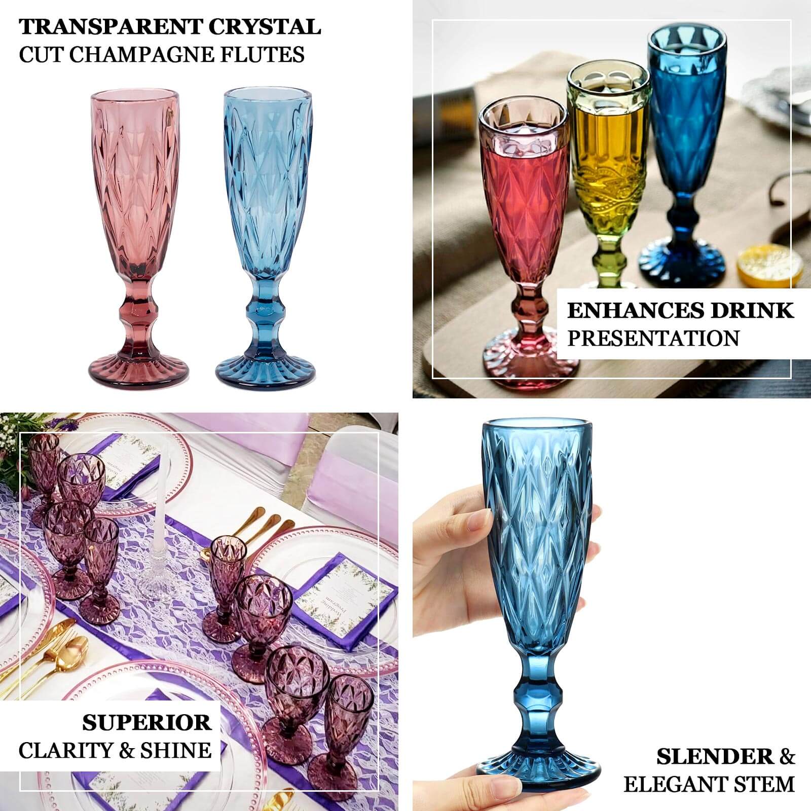 6 Pack Ocean Blue Crystal Cut Wine Goblet Toast Glasses, 6oz Transparent Textured Champagne Flute Glasses - 8"