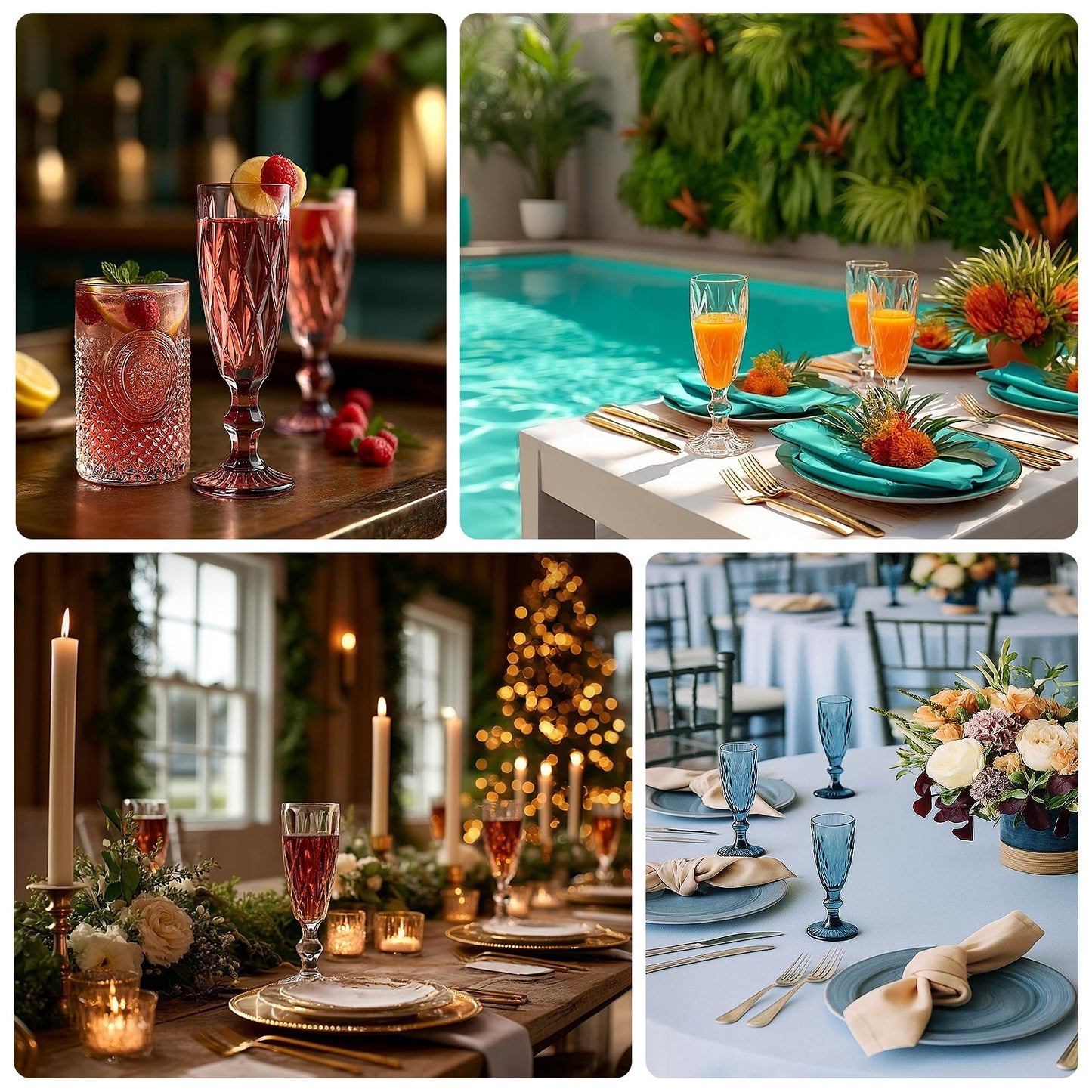 6-Pack Champagne Flute Glasses Transparent Amber Gold Textured Crystal Cut Design - Chic Wine Goblets 6oz 8"
