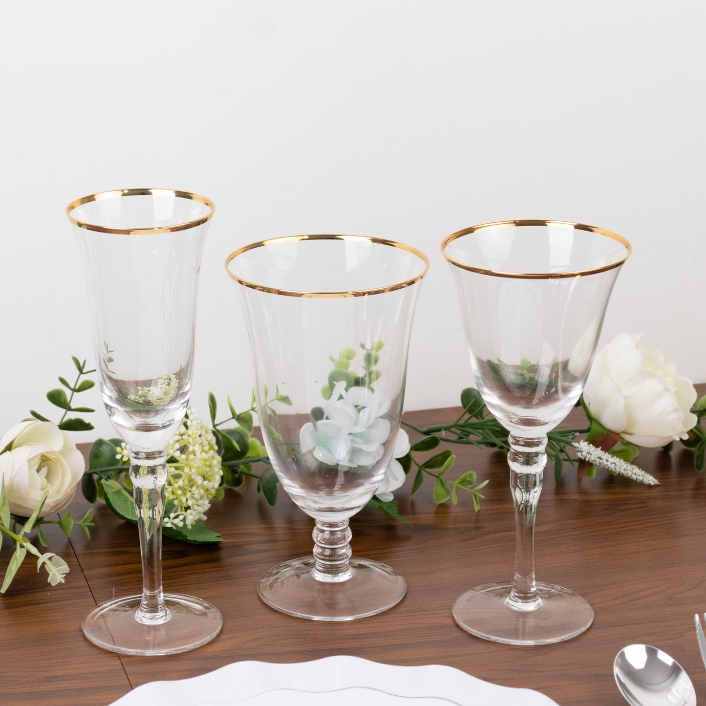 6 Pack Crystal Gold Rimmed Champagne Flute Glasses with Long Beaded Stem, 6oz Clear Toasting Cocktail Wine Glasses - 8.5"