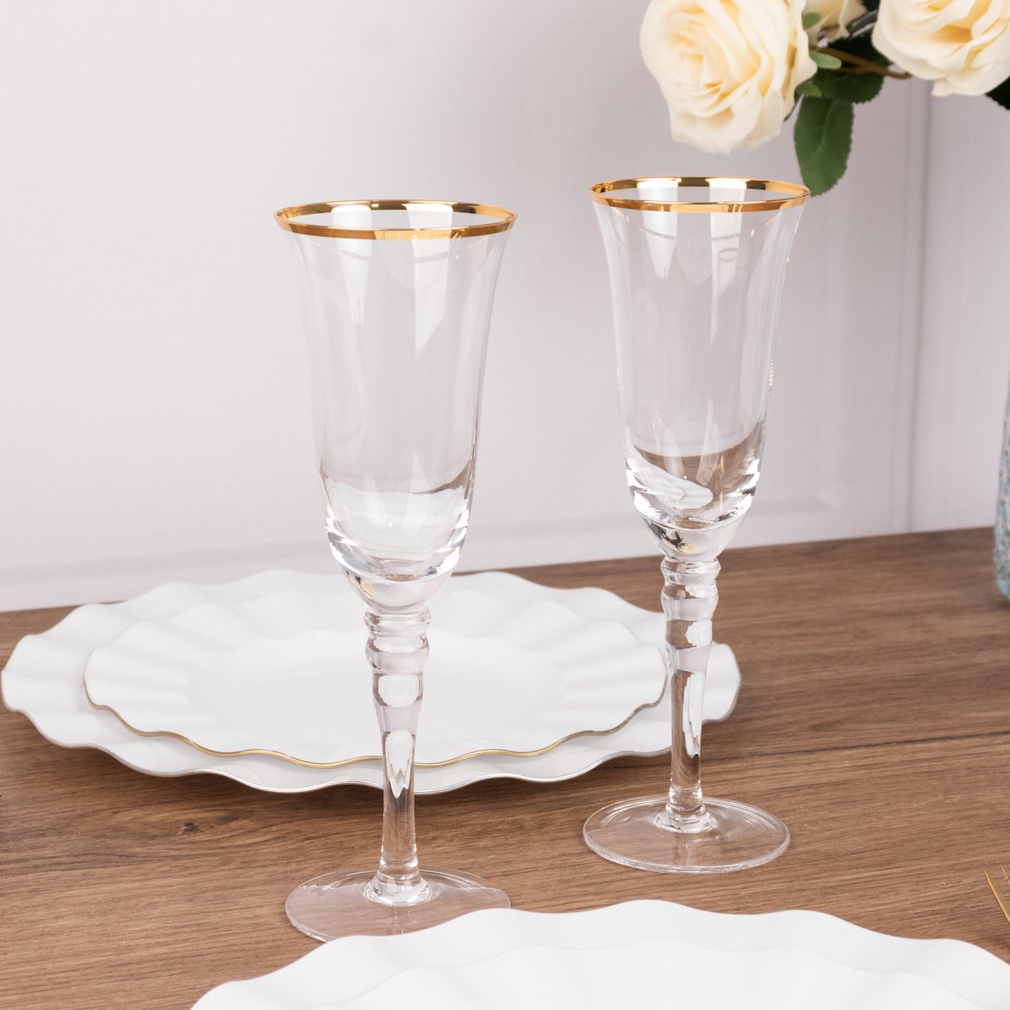 6 Pack Crystal Gold Rimmed Champagne Flute Glasses with Long Beaded Stem, 6oz Clear Toasting Cocktail Wine Glasses - 8.5"