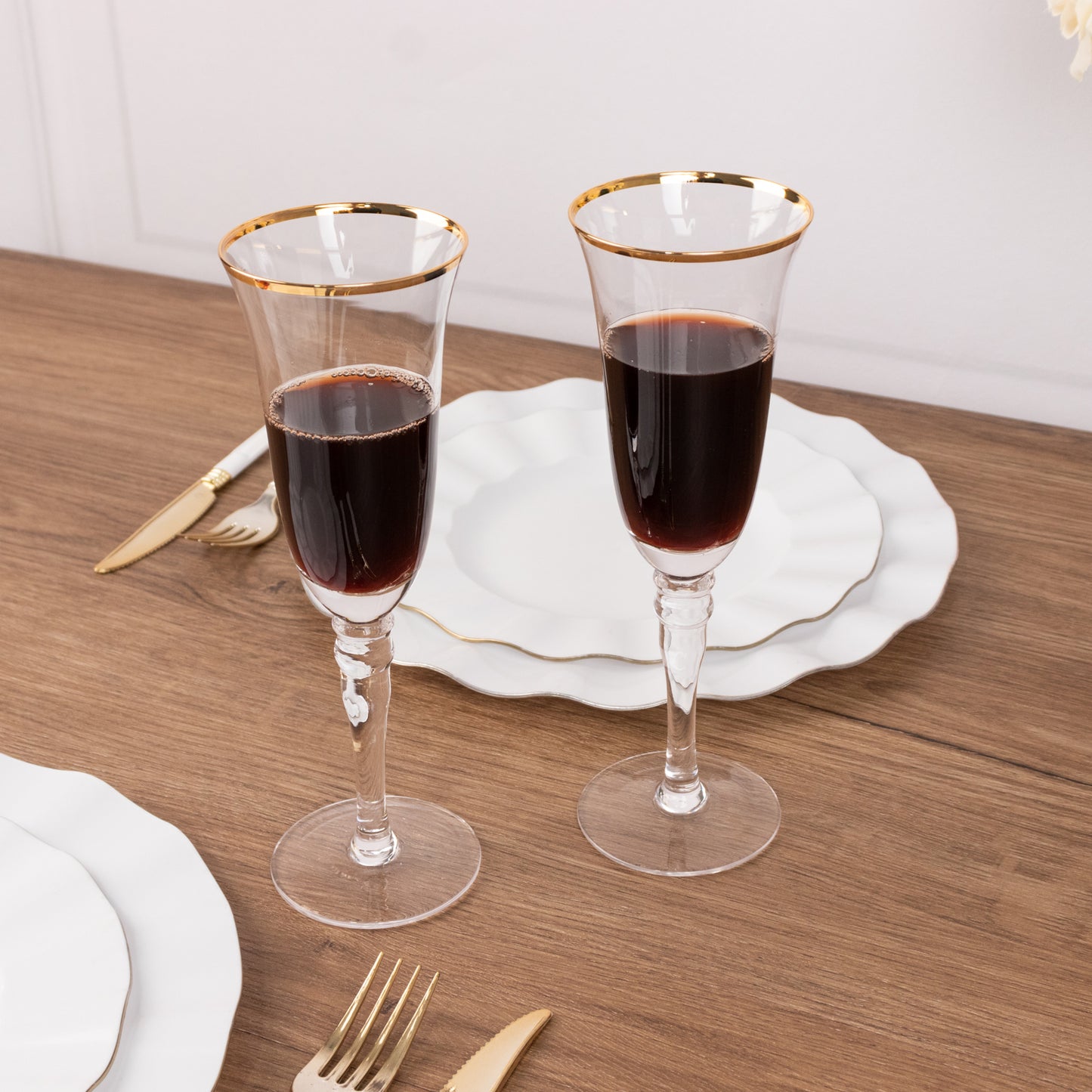 6 Pack Crystal Gold Rimmed Champagne Flute Glasses with Long Beaded Stem, 6oz Clear Toasting Cocktail Wine Glasses - 8.5"