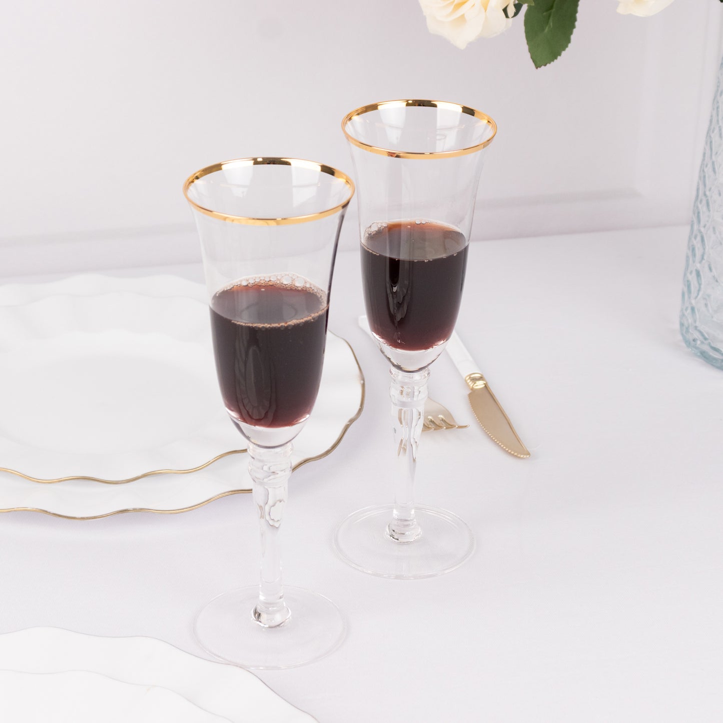 6 Pack Crystal Gold Rimmed Champagne Flute Glasses with Long Beaded Stem, 6oz Clear Toasting Cocktail Wine Glasses - 8.5"