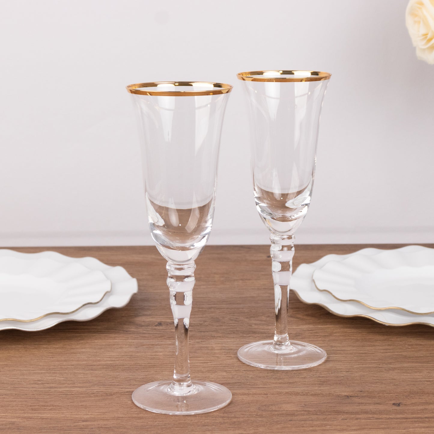 6 Pack Crystal Gold Rimmed Champagne Flute Glasses with Long Beaded Stem, 6oz Clear Toasting Cocktail Wine Glasses - 8.5"
