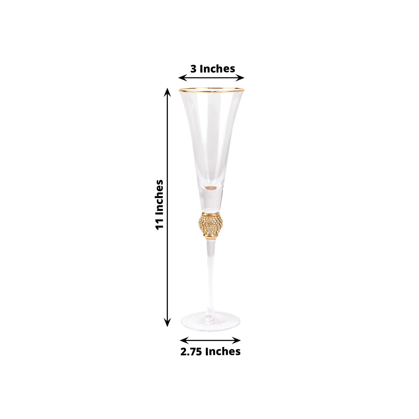Gold rim crystal champagne flute glass with studded diamond rhinestones.