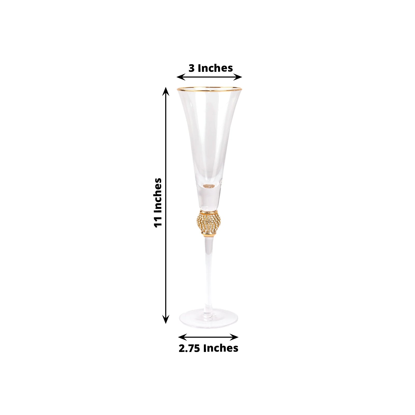 Gold rim crystal champagne flute glass with studded diamond rhinestones.