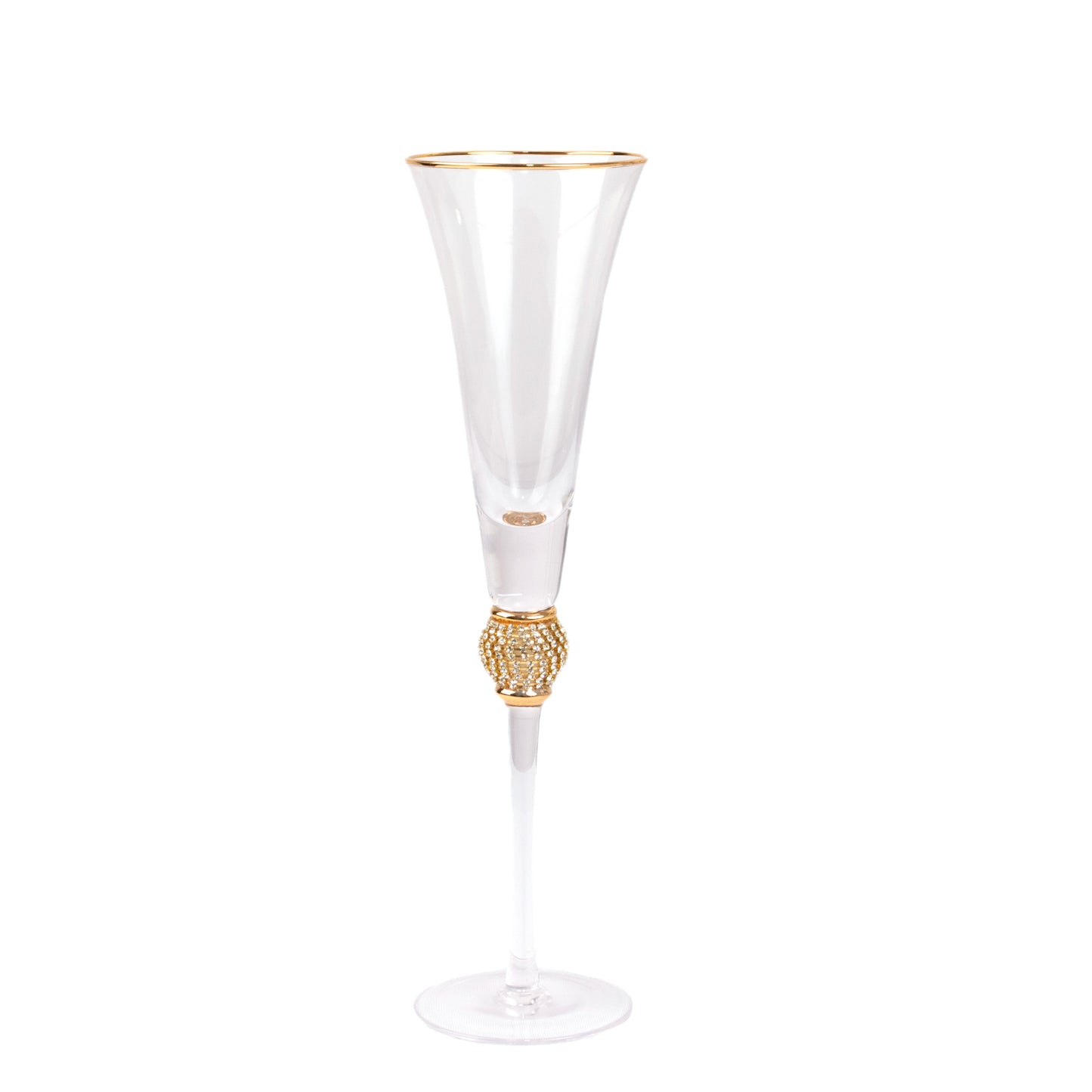 Gold rim crystal champagne flute with studded diamond rhinestones. #whtbkgd