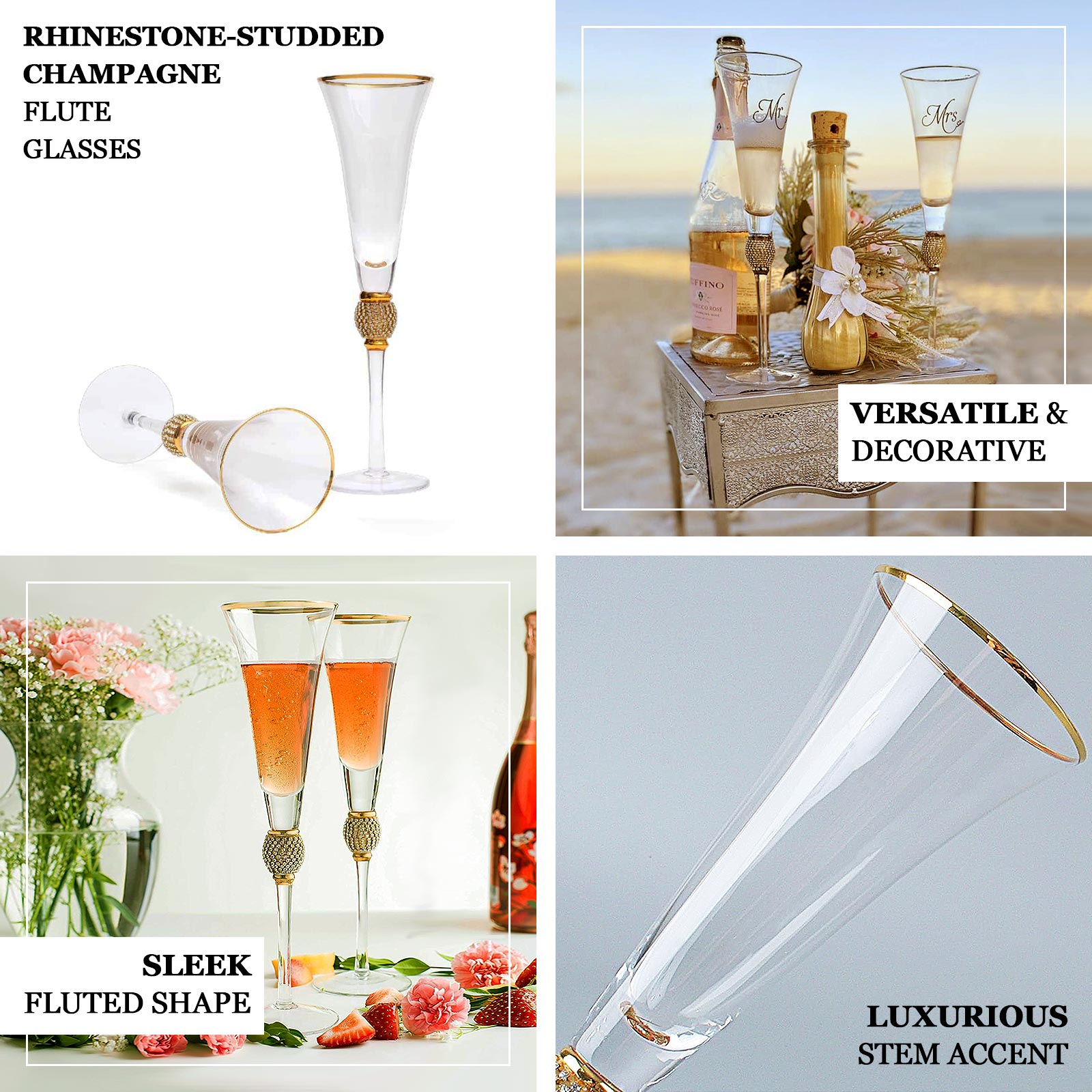 Gold rim crystal champagne flute glasses with studded rhinestones.