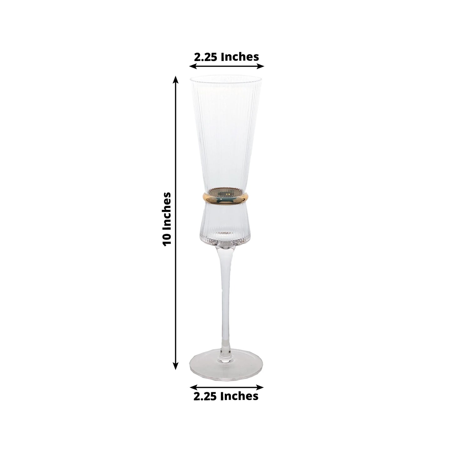 Clear champagne flute with gold ring accent, elegant for celebrations.