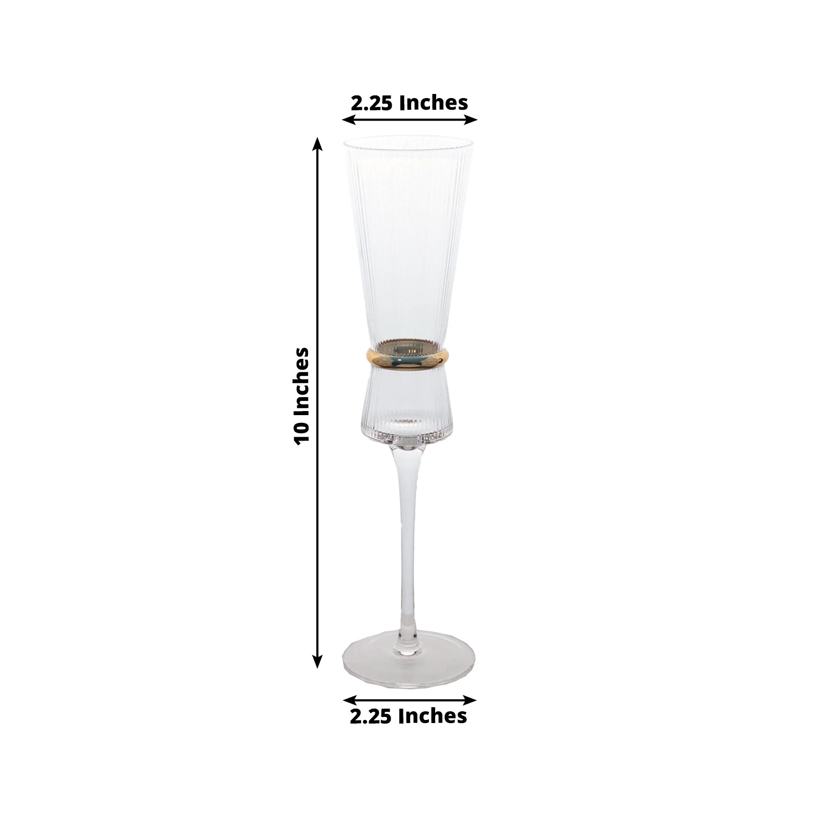 Clear champagne flute with gold ring accent, elegant for celebrations.