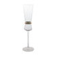 Clear champagne flute with ribbed stem and gold ring accent.