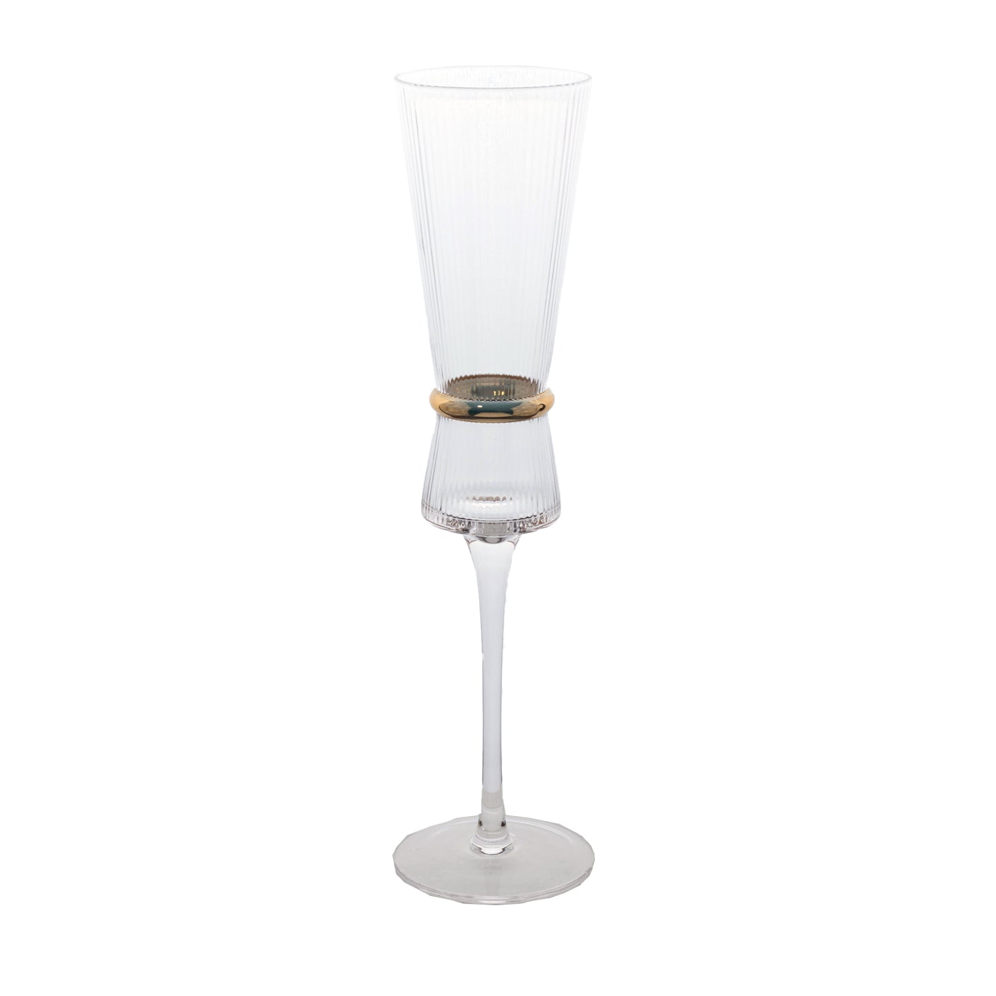 Clear champagne flute with ribbed stem and gold ring accent.