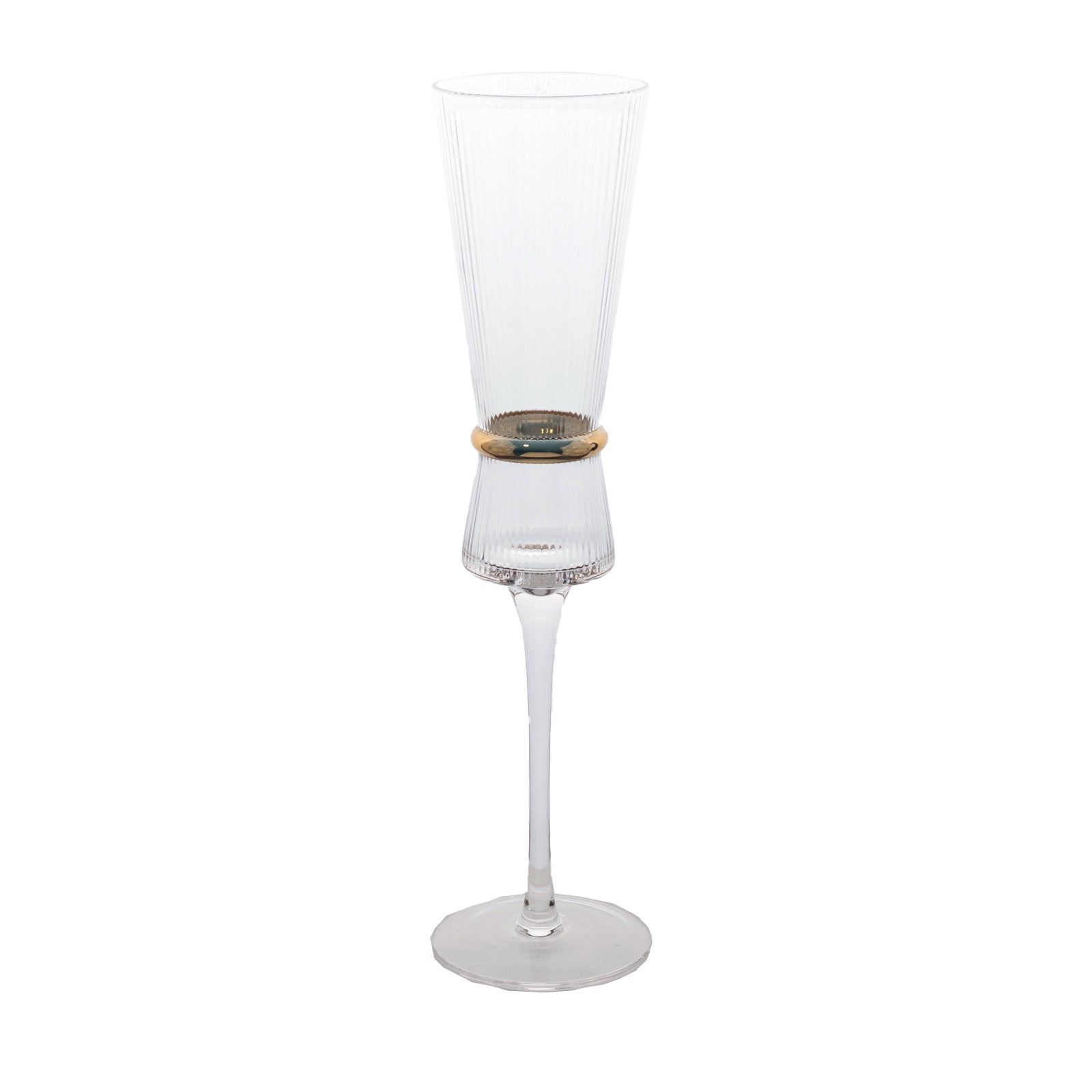 Clear champagne flute with ribbed stem and gold ring accent.