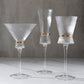 Clear champagne flutes with gold ring accents, elegant for celebrations.