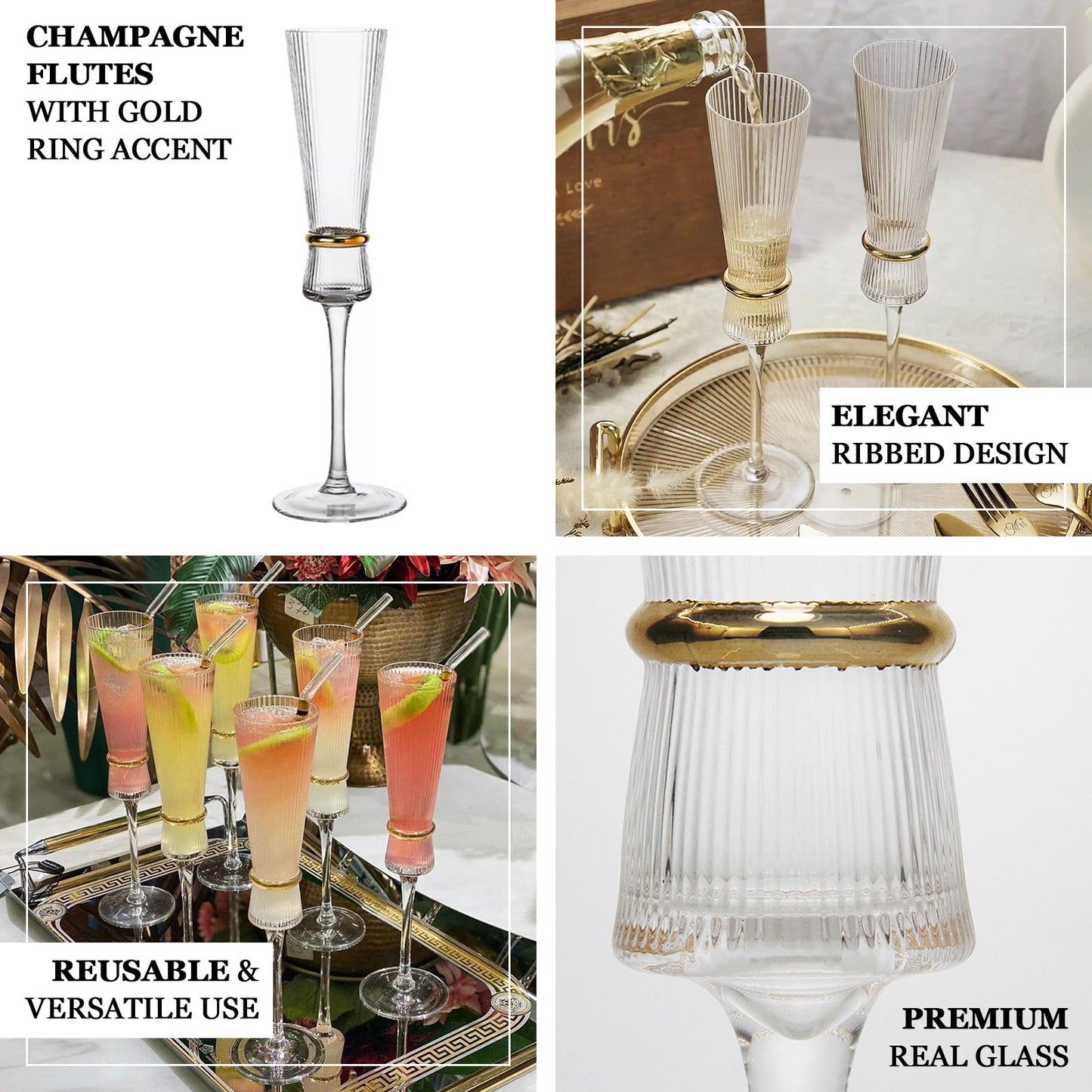 Clear champagne flutes with gold ring accents for elegant toasting.