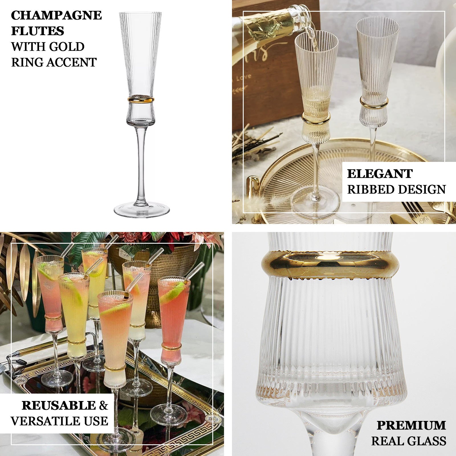 Clear champagne flutes with gold ring accents for elegant toasting.