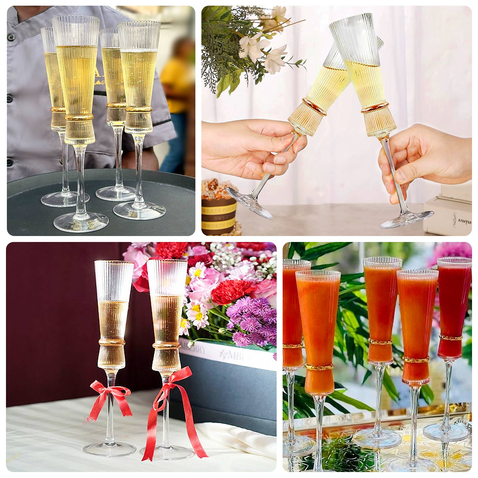 Clear champagne flutes with gold ring accents, elegant for celebrations.