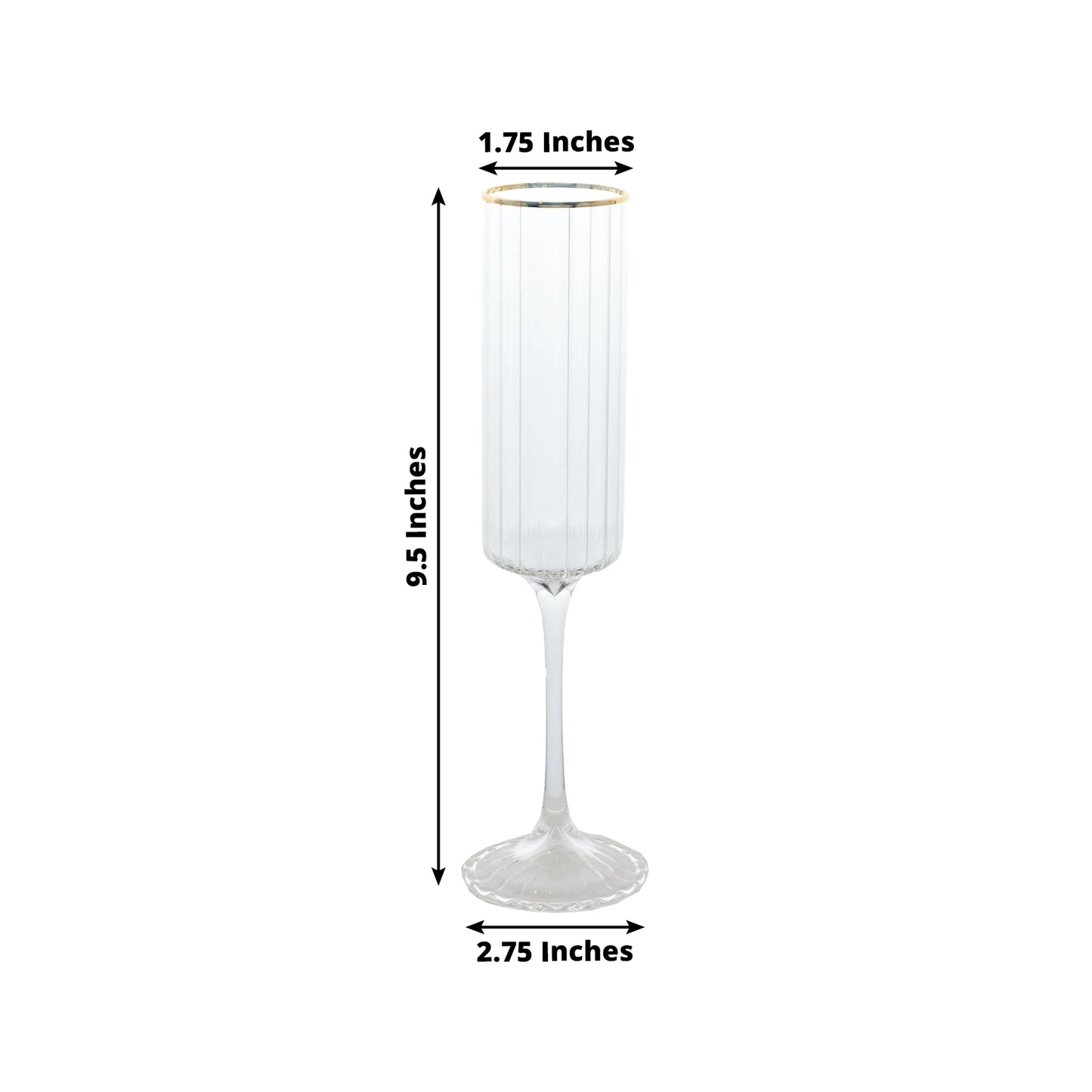 Clear modern champagne flute with gold rim, 7oz, 9.5" tall. Perfect for celebrations.
