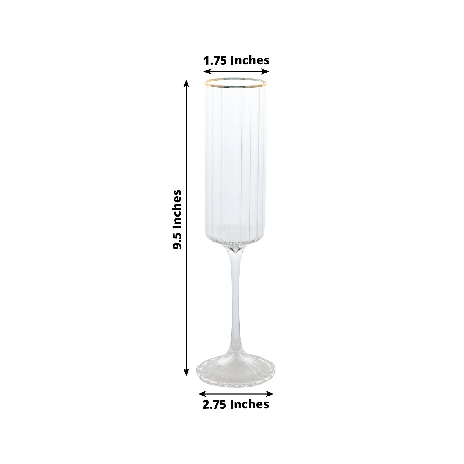 Clear modern champagne flute with gold rim, 7oz, 9.5" tall. Perfect for celebrations.