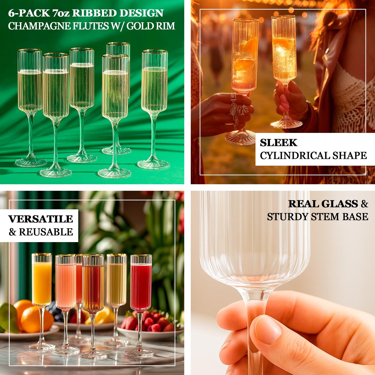 Clear champagne flutes with gold rim, elegant design for toasting celebrations.