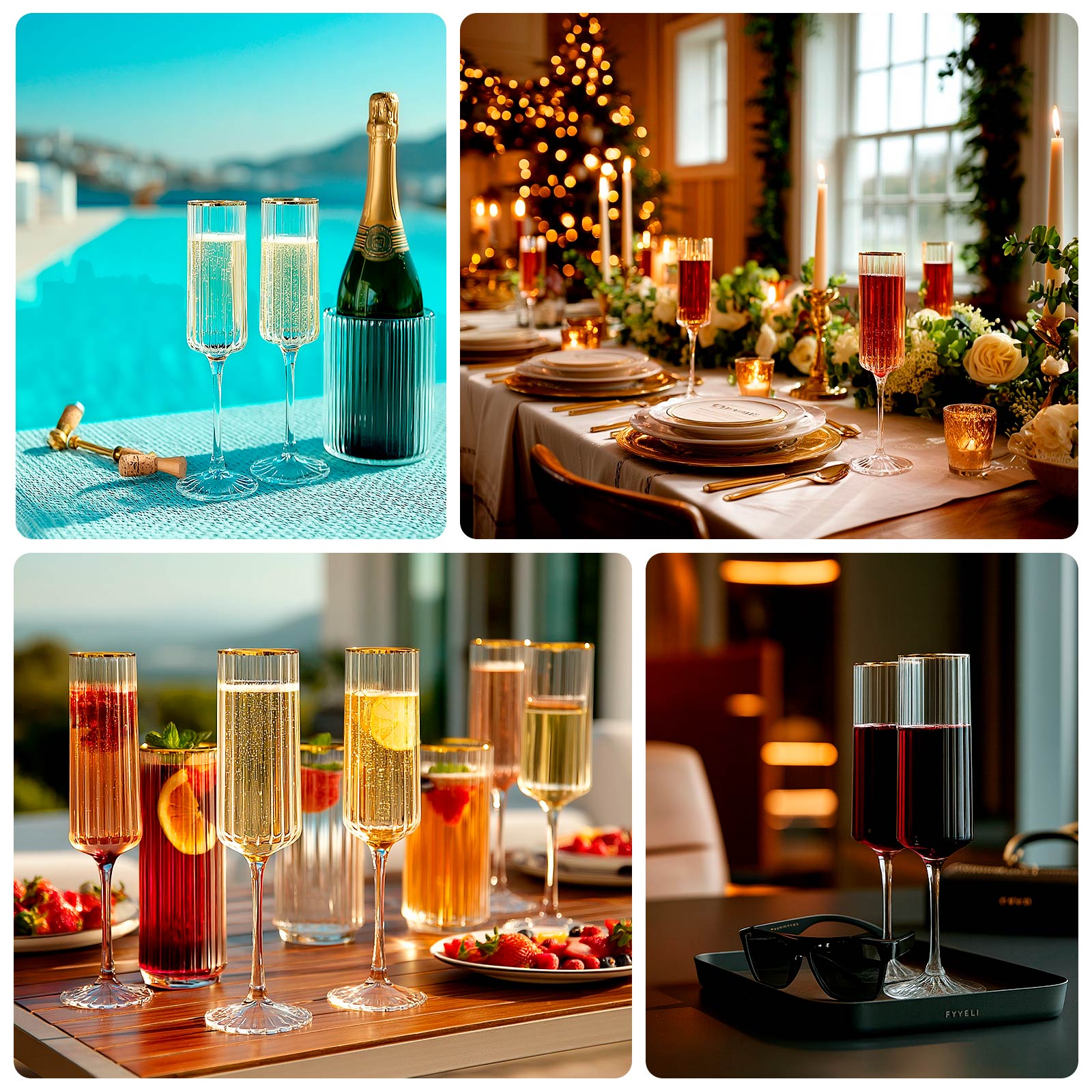 Clear modern champagne flutes with gold rim, elegant for celebrations.