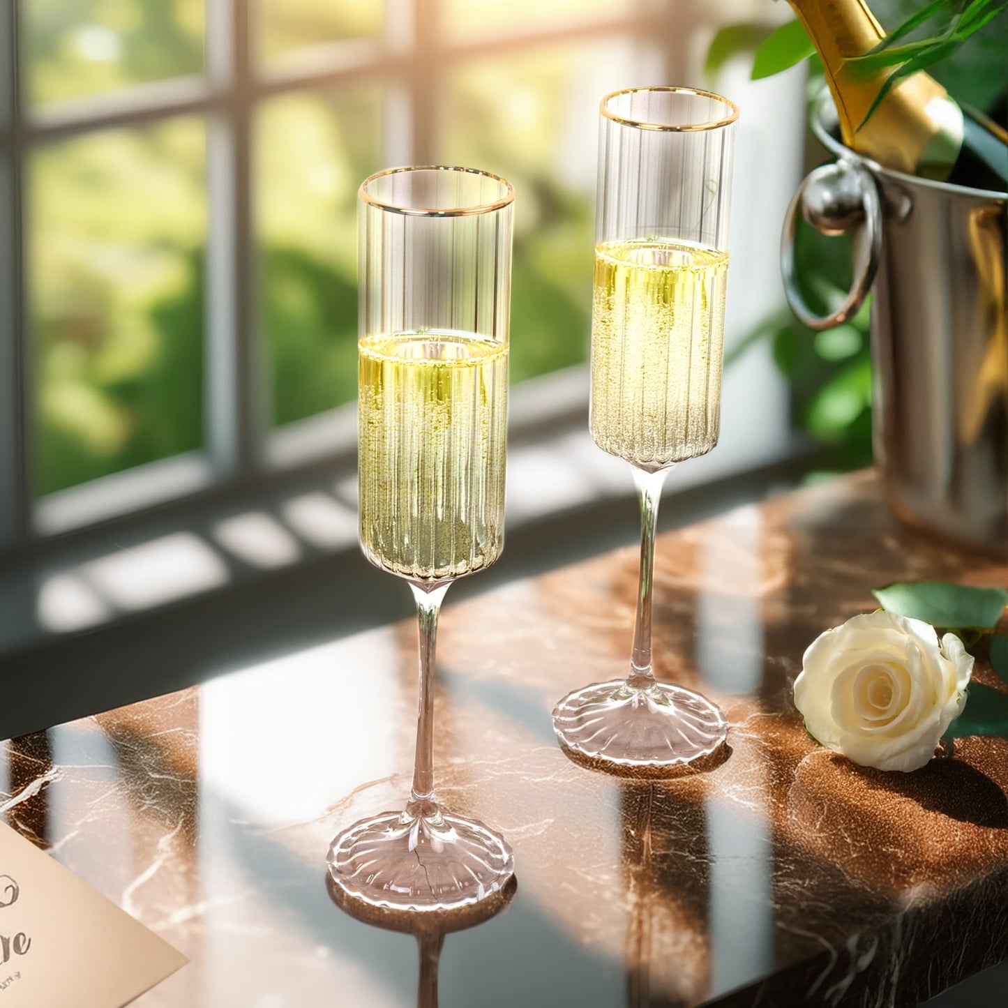 Clear modern champagne flutes with gold rim, elegant for weddings and celebrations.