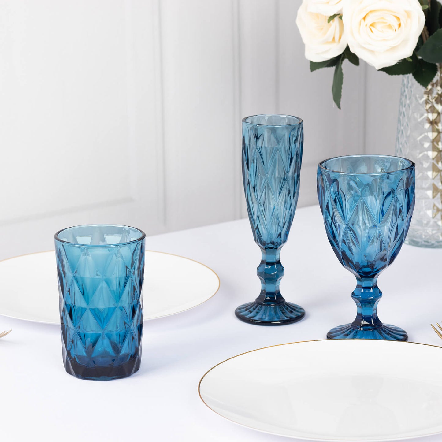 6 Pack Ocean Blue Crystal Cut Highball Cocktail Glasses with Heavy Base, 12oz Textured Whiskey Tumbler Drinking Glasses - 5"