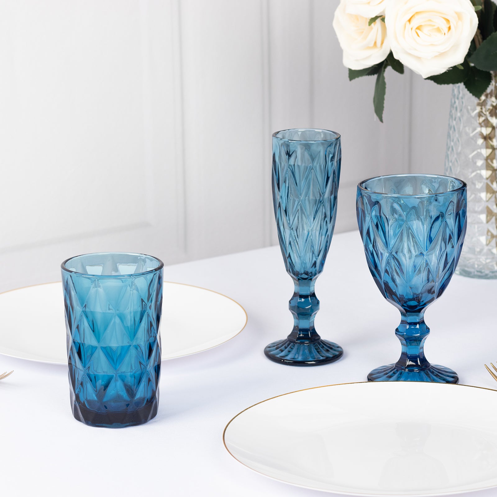 6 Pack Ocean Blue Crystal Cut Highball Cocktail Glasses with Heavy Base, 12oz Textured Whiskey Tumbler Drinking Glasses - 5"