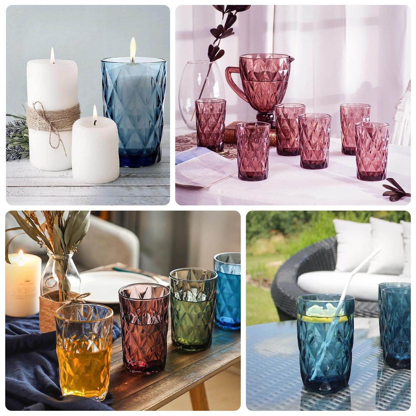 6 Pack Ocean Blue Crystal Cut Highball Cocktail Glasses with Heavy Base, 12oz Textured Whiskey Tumbler Drinking Glasses - 5"