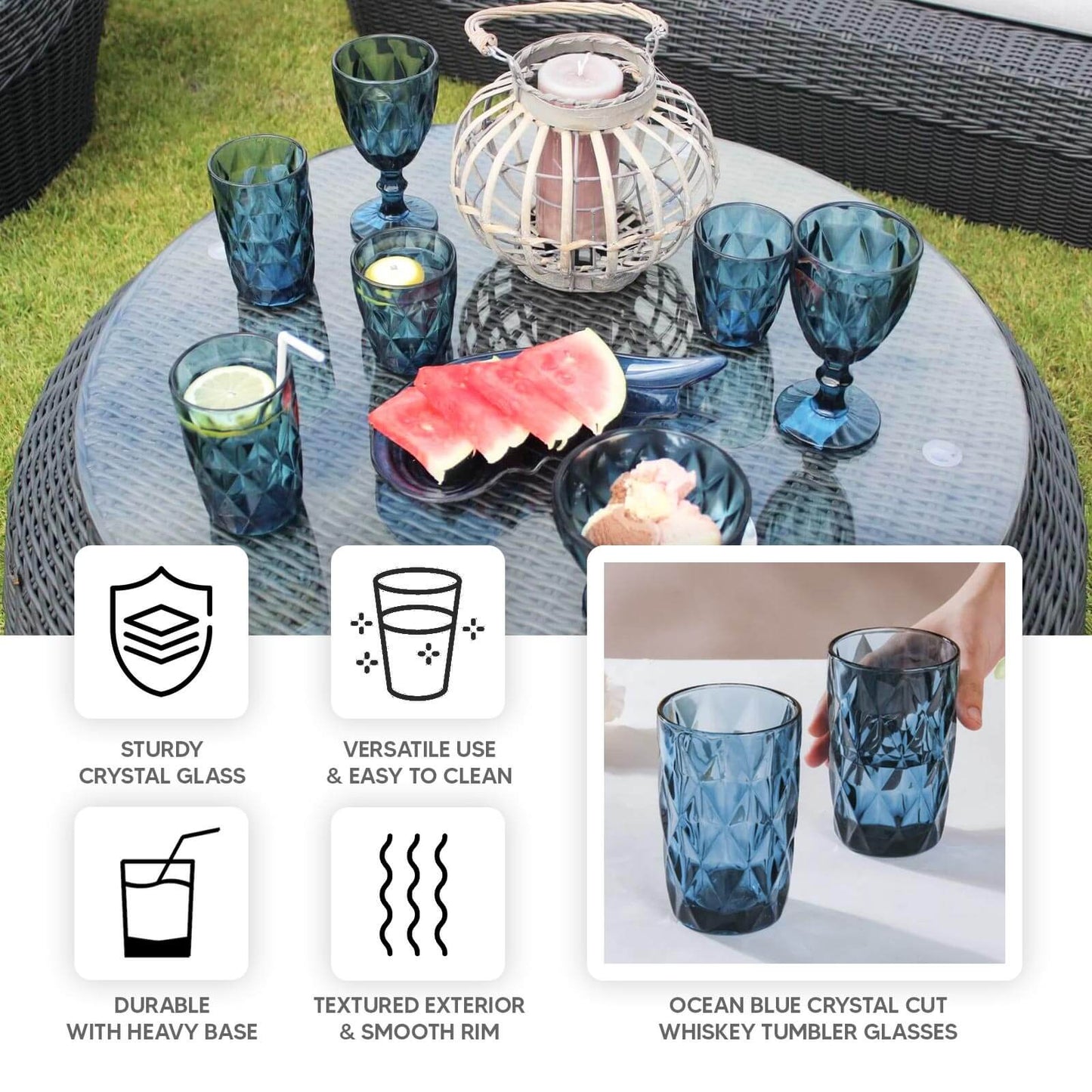 6 Pack Ocean Blue Crystal Cut Highball Cocktail Glasses with Heavy Base, 12oz Textured Whiskey Tumbler Drinking Glasses - 5"