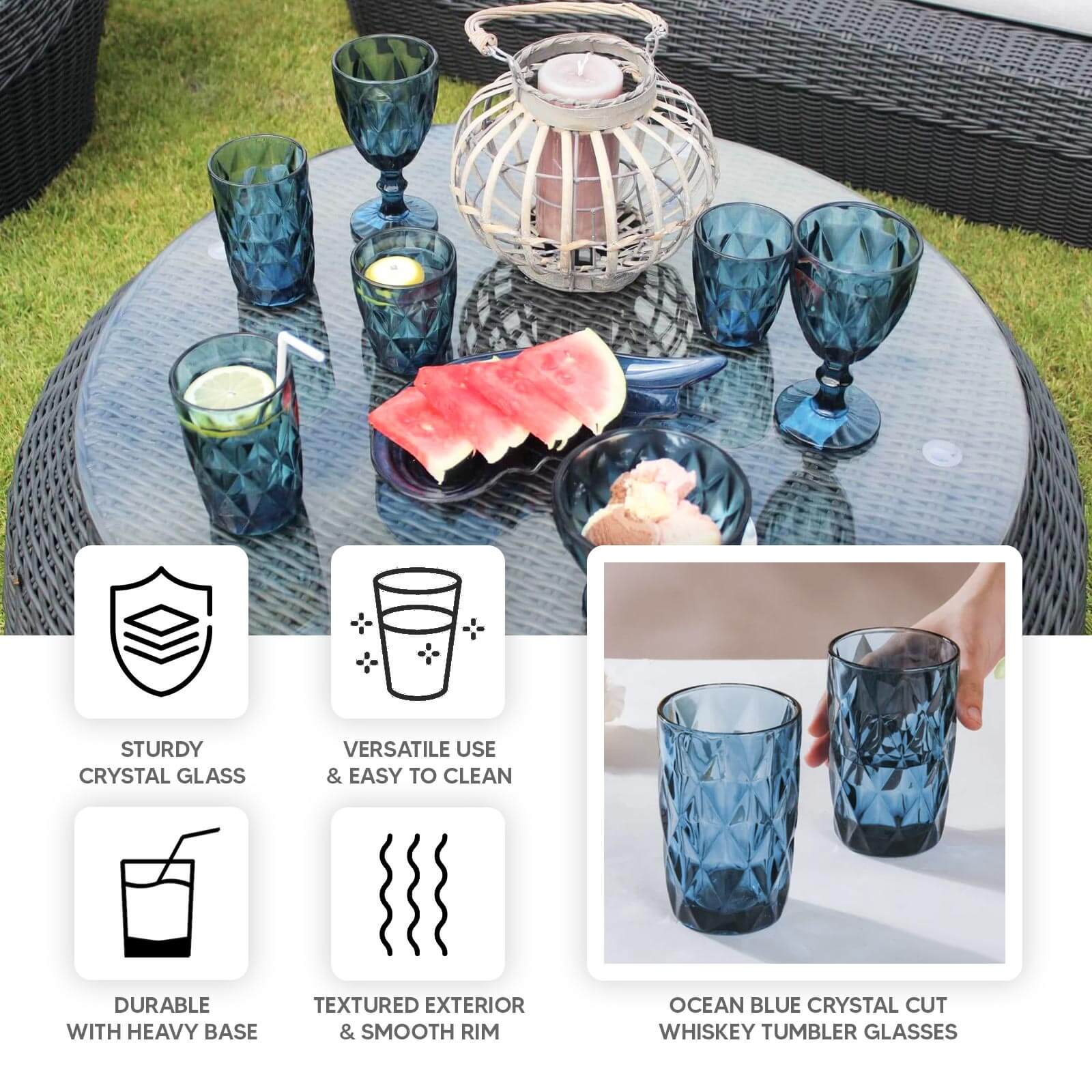 6 Pack Ocean Blue Crystal Cut Highball Cocktail Glasses with Heavy Base, 12oz Textured Whiskey Tumbler Drinking Glasses - 5"