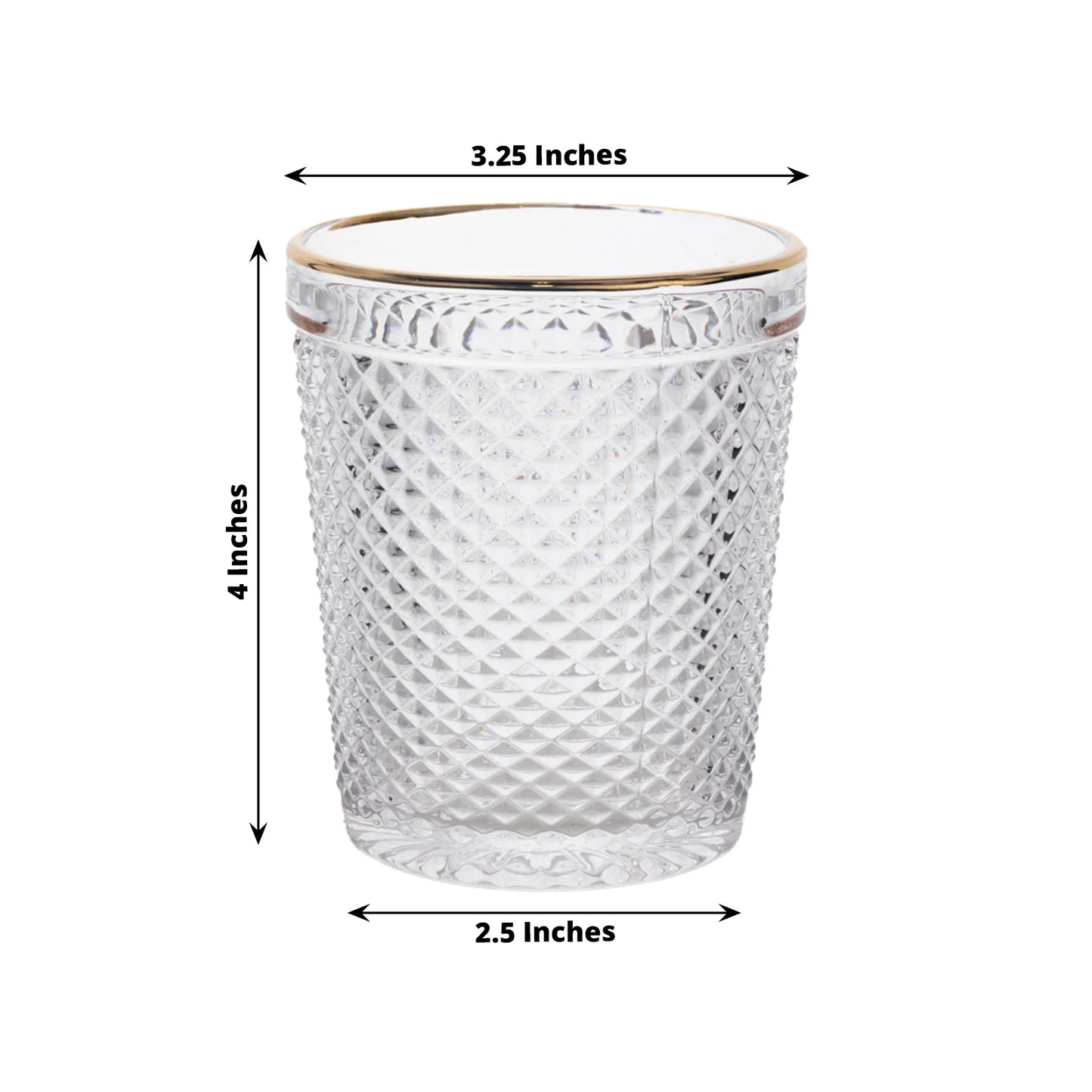 6 Pack Clear Gold Rimmed Tumbler Drinking Glasses in Embossed Diamond Pattern, 11oz Vintage Glassware Hobnail Whiskey Shot Glasses Water Cups - 4"