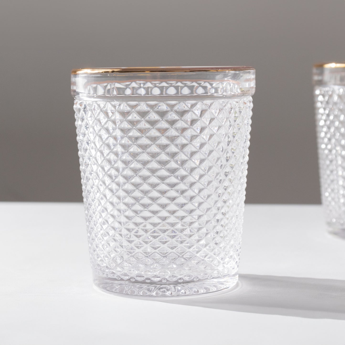6 Pack Clear Gold Rimmed Tumbler Drinking Glasses in Embossed Diamond Pattern, 11oz Vintage Glassware Hobnail Whiskey Shot Glasses Water Cups - 4"