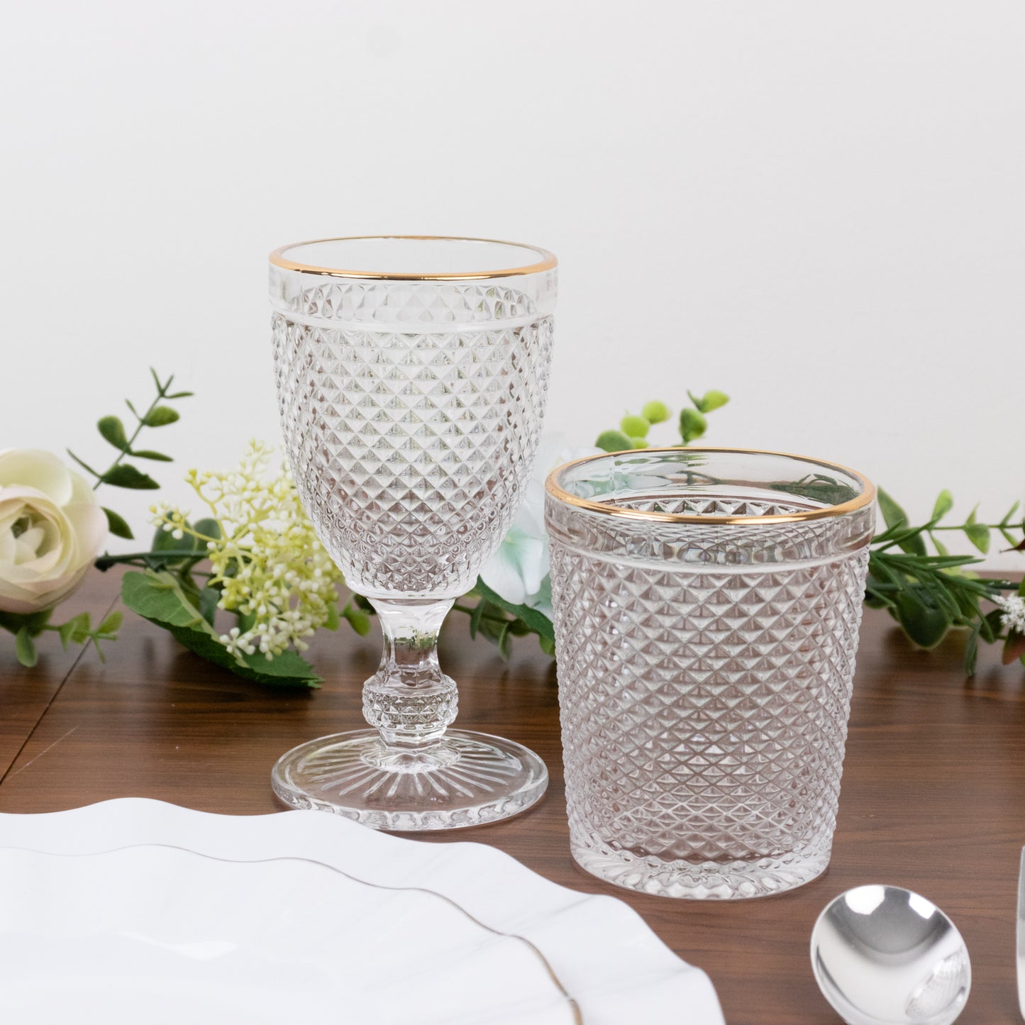 6 Pack Clear Gold Rimmed Tumbler Drinking Glasses in Embossed Diamond Pattern, 11oz Vintage Glassware Hobnail Whiskey Shot Glasses Water Cups - 4"