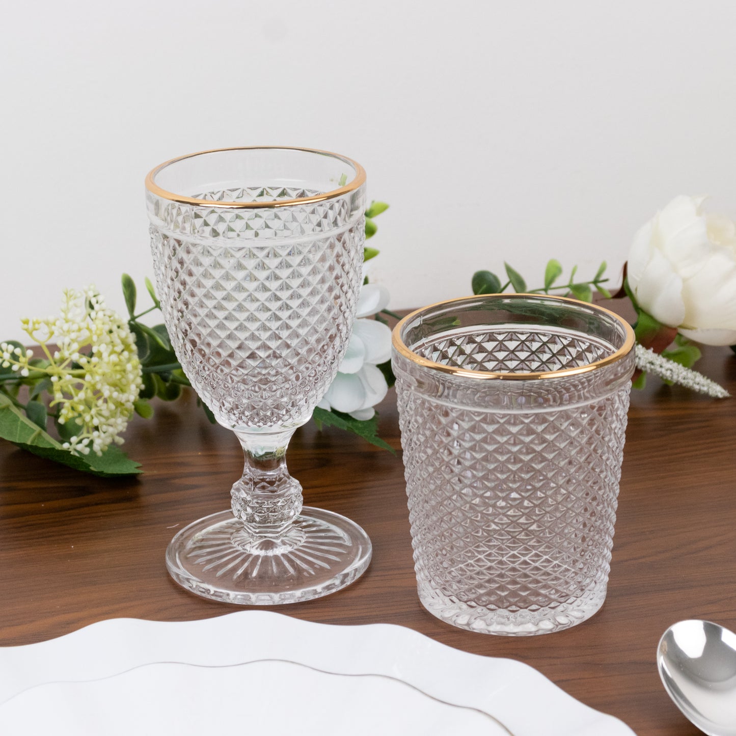 6 Pack Clear Gold Rimmed Tumbler Drinking Glasses in Embossed Diamond Pattern, 11oz Vintage Glassware Hobnail Whiskey Shot Glasses Water Cups - 4"
