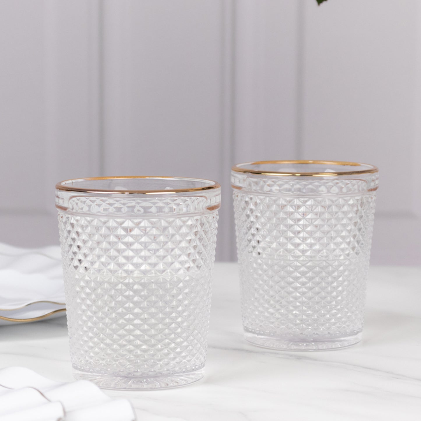 6 Pack Clear Gold Rimmed Tumbler Drinking Glasses in Embossed Diamond Pattern, 11oz Vintage Glassware Hobnail Whiskey Shot Glasses Water Cups - 4"