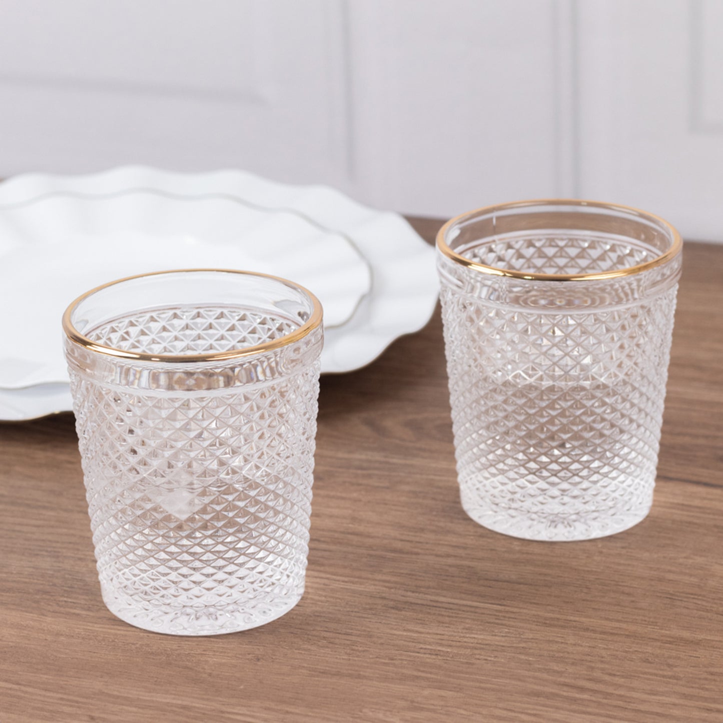 6 Pack Clear Gold Rimmed Tumbler Drinking Glasses in Embossed Diamond Pattern, 11oz Vintage Glassware Hobnail Whiskey Shot Glasses Water Cups - 4"