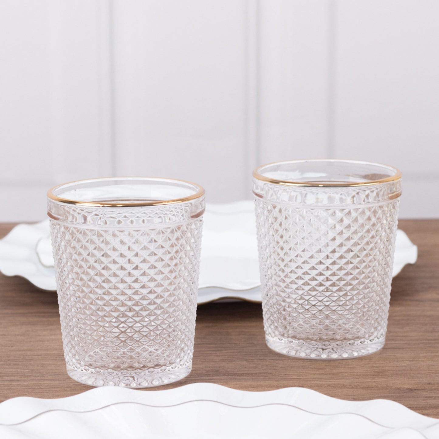 6 Pack Clear Gold Rimmed Tumbler Drinking Glasses in Embossed Diamond Pattern, 11oz Vintage Glassware Hobnail Whiskey Shot Glasses Water Cups - 4"