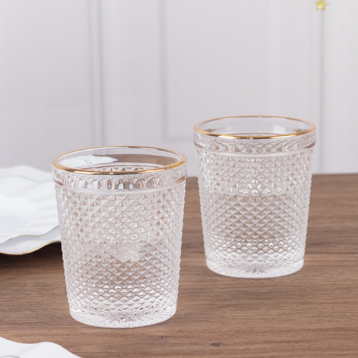 6 Pack Clear Gold Rimmed Tumbler Drinking Glasses in Embossed Diamond Pattern, 11oz Vintage Glassware Hobnail Whiskey Shot Glasses Water Cups - 4"