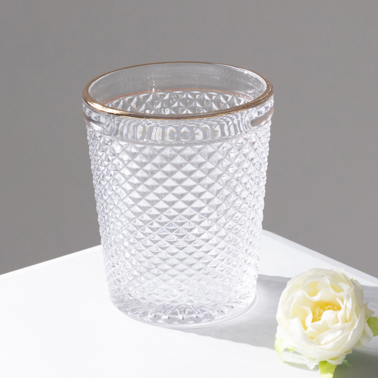 6 Pack Clear Gold Rimmed Tumbler Drinking Glasses in Embossed Diamond Pattern, 11oz Vintage Glassware Hobnail Whiskey Shot Glasses Water Cups - 4"