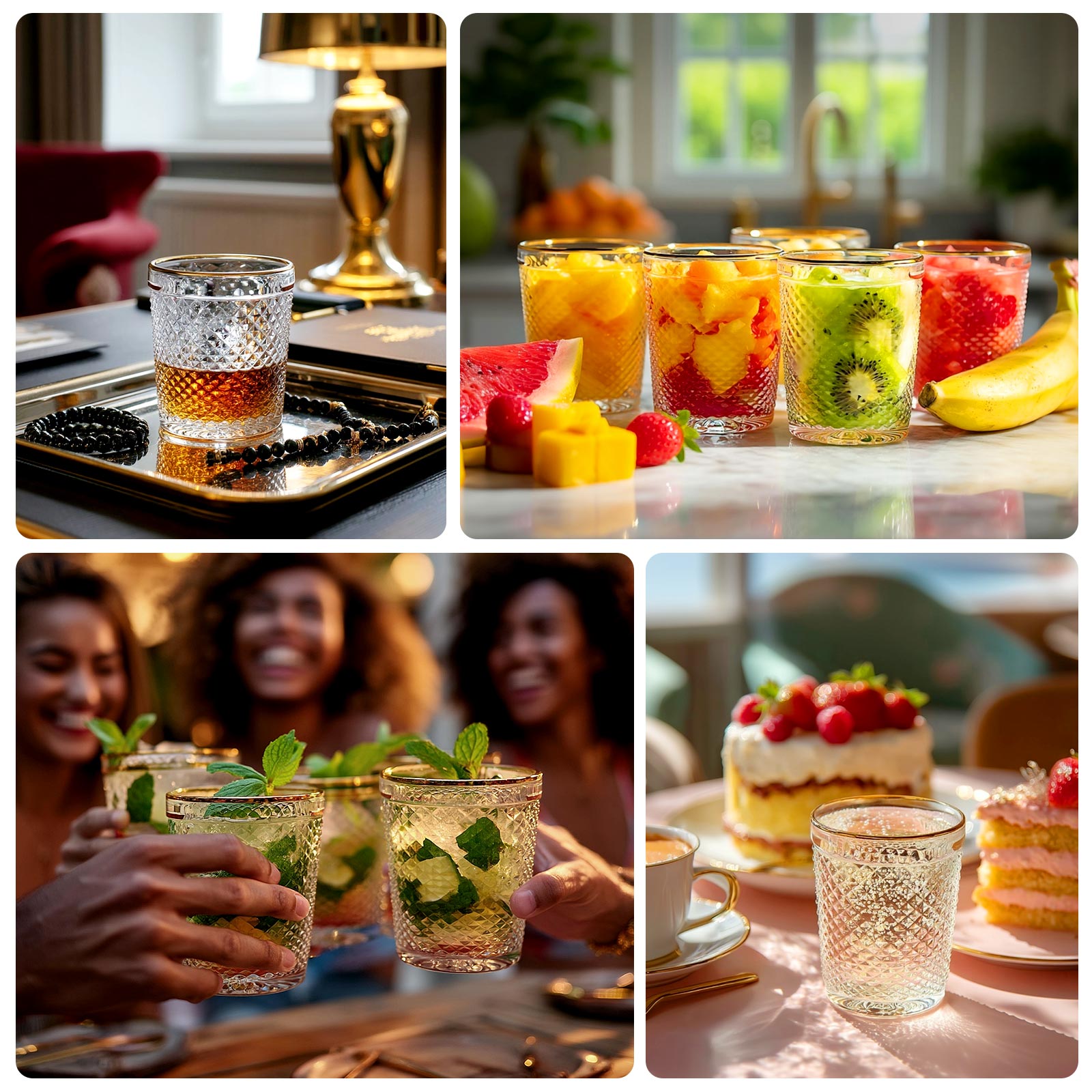 6 Pack Clear Gold Rimmed Tumbler Drinking Glasses in Embossed Diamond Pattern, 11oz Vintage Glassware Hobnail Whiskey Shot Glasses Water Cups - 4"