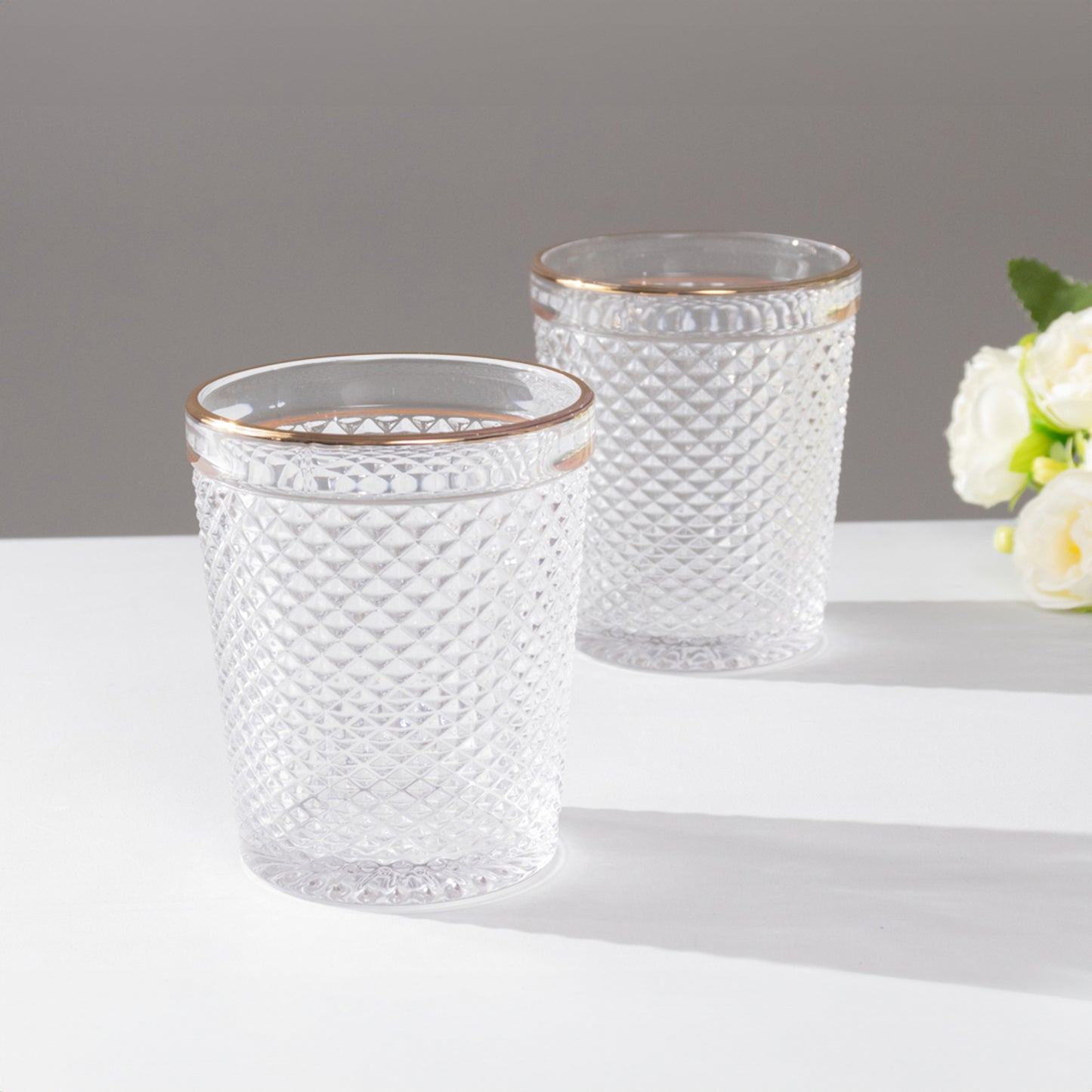 6 Pack Clear Gold Rimmed Tumbler Drinking Glasses in Embossed Diamond Pattern, 11oz Vintage Glassware Hobnail Whiskey Shot Glasses Water Cups - 4"