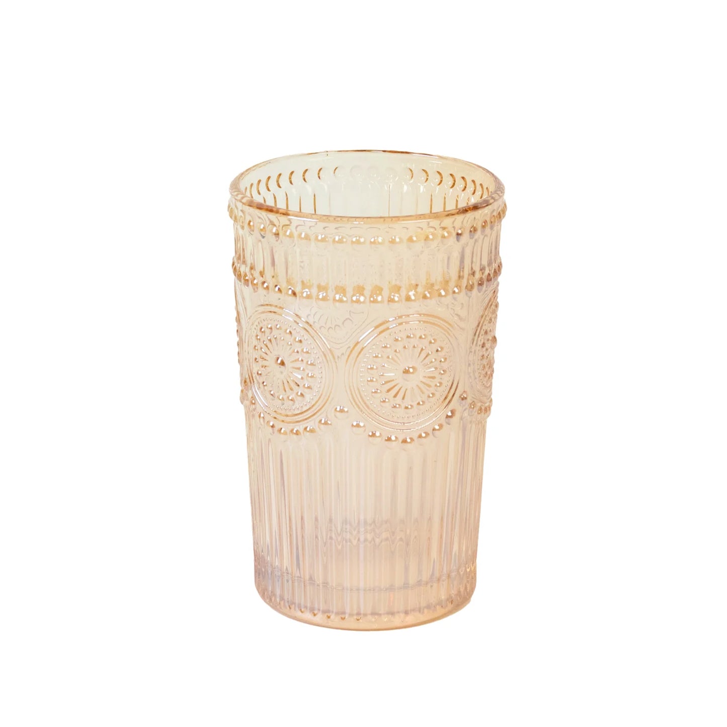 6 Pack Embossed Glass Tumblers – 13oz Amber Gold Vintage Textured Floral Drinking Cups for Water & Cocktails