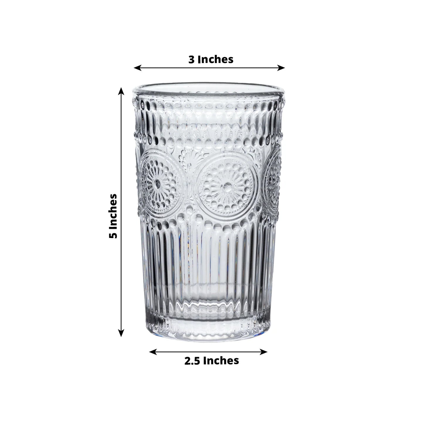 6 Pack Embossed Glass Tumblers – 13oz Clear Vintage Textured Floral Drinking Cups for Water & Cocktails