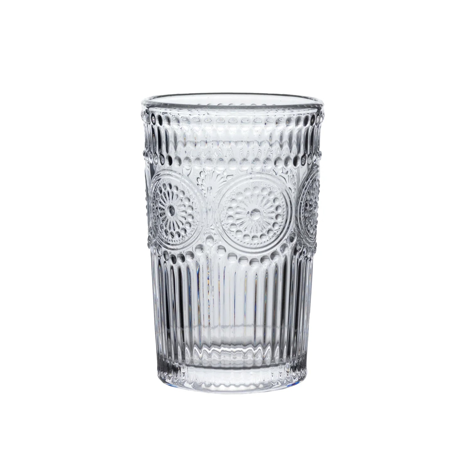 6 Pack Embossed Glass Tumblers – 13oz Clear Vintage Textured Floral Drinking Cups for Water & Cocktails